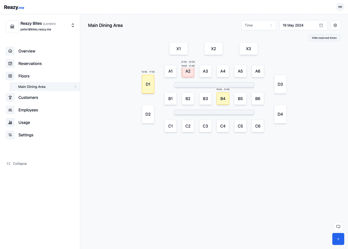 Screenshot of the Reazy.me restaurant management interface for Reazy Bites in London, showing the Main Dining Area floor plan. The layout displays a grid of tables, labeled from A1 to D4, with several tables highlighted to show their reservation times. Table D1 is reserved from 15:55 to 17:55, A2 from 19:00 to 21:00 and 21:00 to 23:00, and B4 from 19:00 to 21:00. Additional UI elements include menus for overview, reservations, floors, customers, employees, usage, and settings, all accessible from a sidebar on the left.