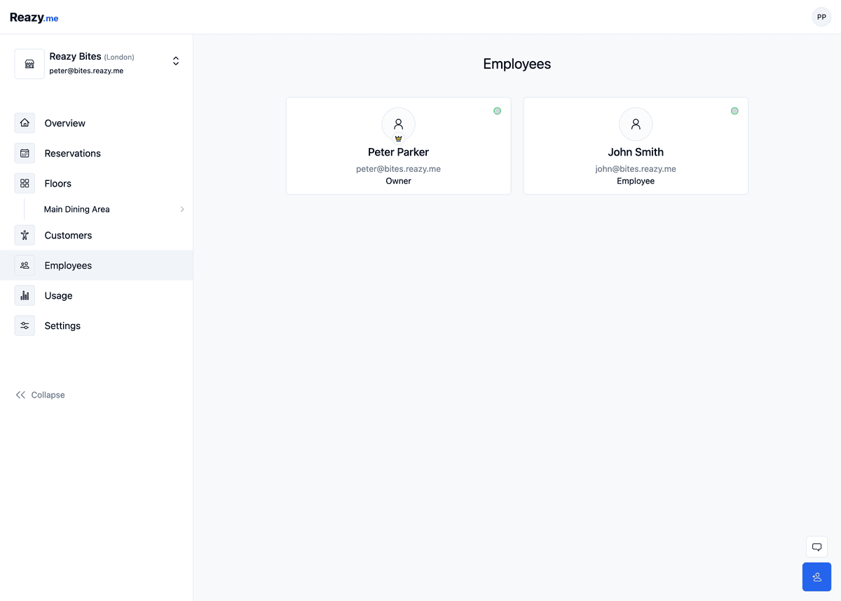 Screenshot of the Reazy.me employee management page for Reazy Bites in London. The interface displays two employee profiles. On the left is Peter Parker, labeled as 'Owner' with an email link peter@bites.reazy.me, and on the right is John Smith, labeled as 'Employee' with an email link john@bites.reazy.me. Both profiles are marked with a green dot, indicating they are currently active. The left sidebar provides navigation for overview, reservations, floors, customers, employees, usage, and settings.