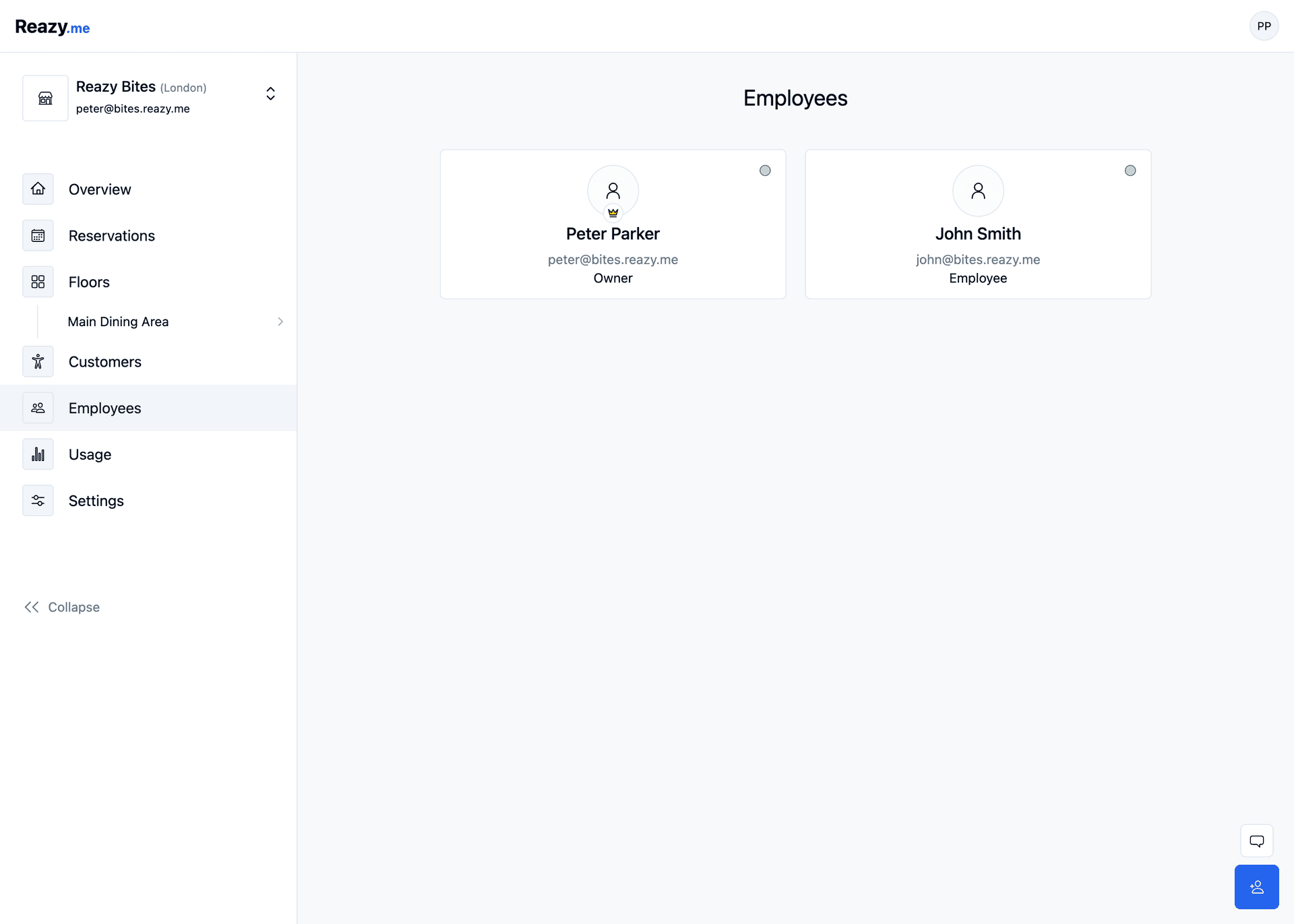 Screenshot of the Reazy.me employee management page for Reazy Bites in London. The interface displays two employee profiles. On the left is Peter Parker, labeled as 'Owner' with an email link peter@bites.reazy.me, and on the right is John Smith, labeled as 'Employee' with an email link john@bites.reazy.me. Both profiles are marked with a green dot, indicating they are currently active. The left sidebar provides navigation for overview, reservations, floors, customers, employees, usage, and settings.