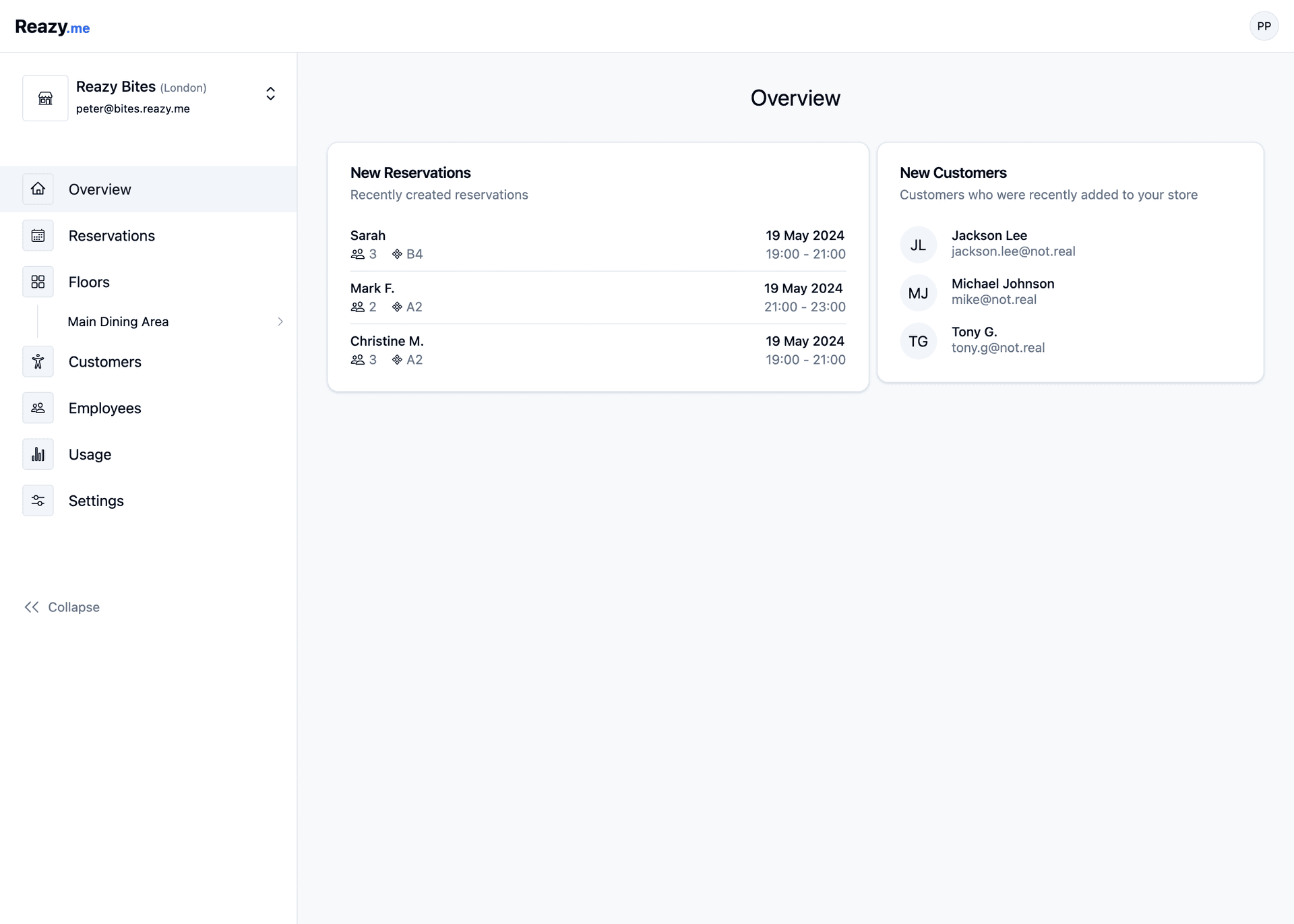 Screenshot of the overview page on the Reazy.me interface for Reazy Bites in London. The page is divided into two sections: 'New Reservations' and 'New Customers'. The 'New Reservations' section lists recent bookings: Sarah on 19 May 2024, 19:00-21:00 at table B4; Mark F. on 19 May 2024, 21:00-23:00 at table A2; Christine M. on 19 May 2024, 19:00-21:00 at table A2. The 'New Customers' section displays newly added customers with initials and emails: Jackson Lee, Michael Johnson, and Tony G. The left sidebar includes navigation for reservations, floors, customers, employees, and settings.